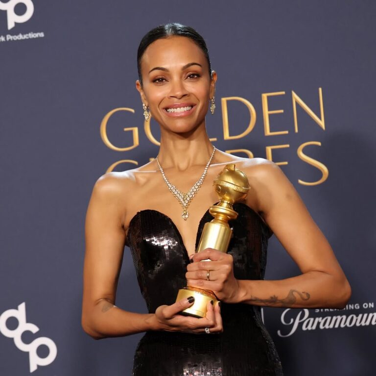Adriana Paz_ Edgar Ramírez_ Selena Gomez_ Jacques Audiard_ Karla Sofía Gascón_ and Zoe Saldana_ celebrate their _Emilia Perez_ win for Best Motion Pictur(